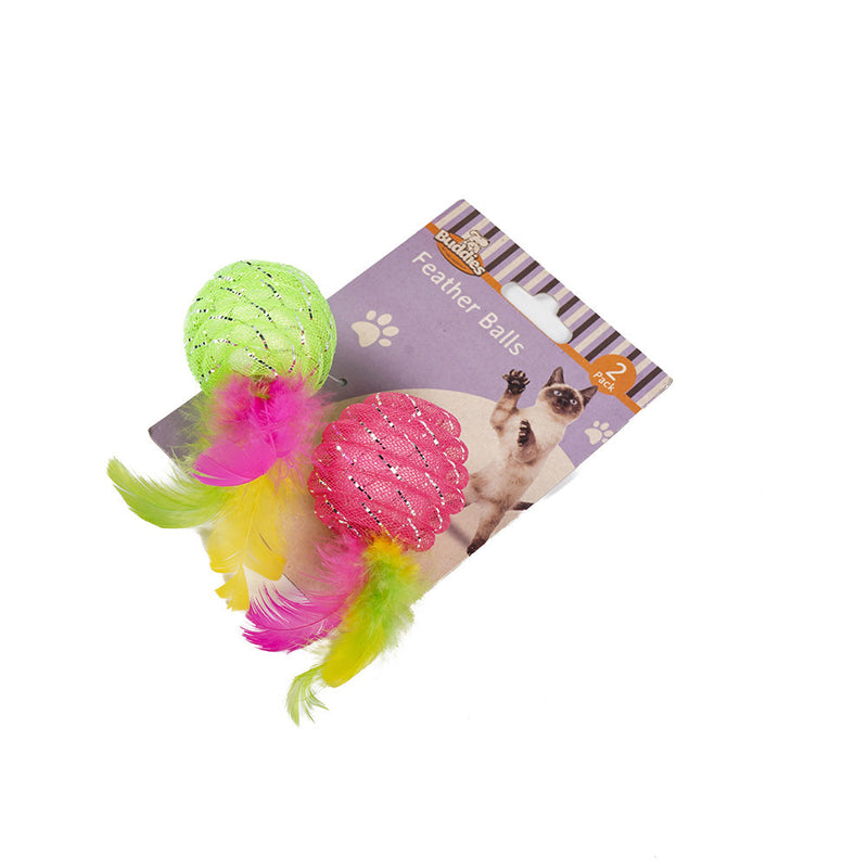 Cat Toy 2 Feather Ball Green & Pink