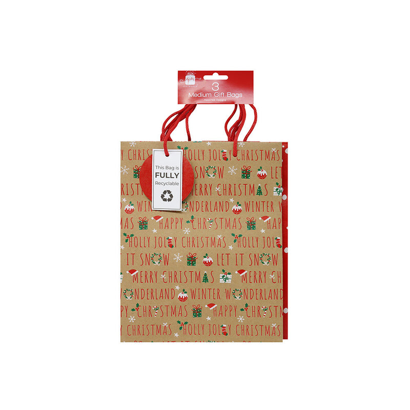 Christmas Kraft Gift Bag 3Pack Medium