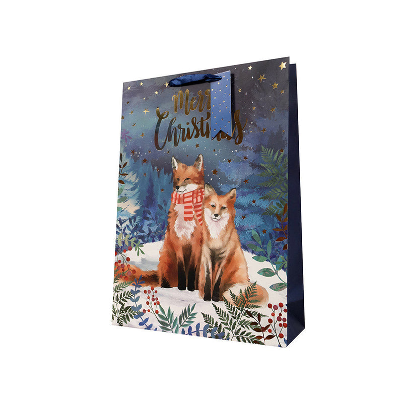 Christmas Watercolour Woodland Foxes Gift Bag Medium