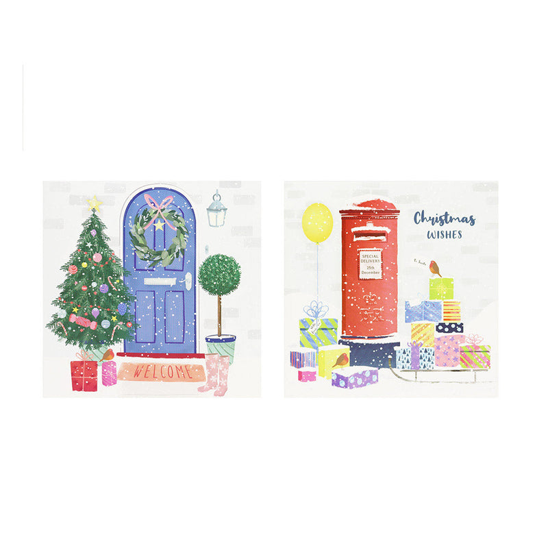 Festive Wonderland Square Christmas Cards 10PK - Postbox/Door