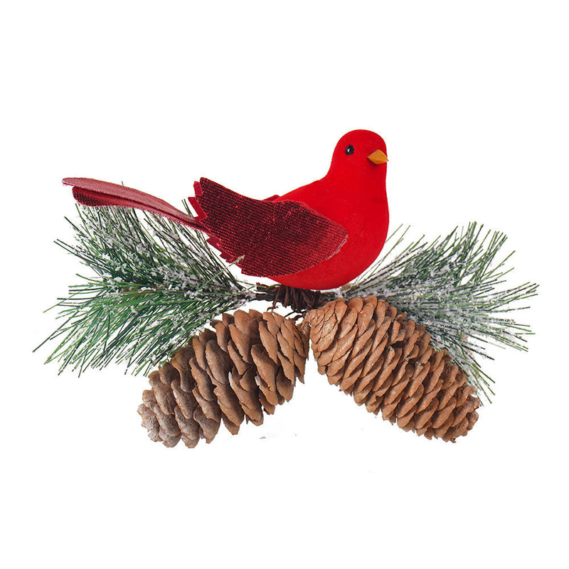 Artificial Red Bird Pick With Pine Cones