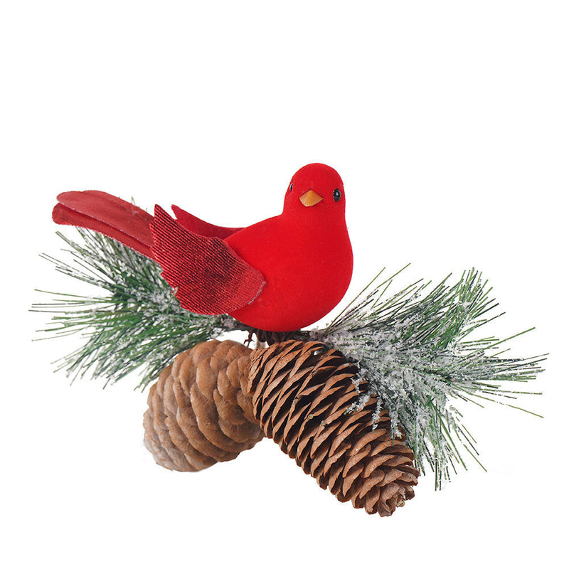 Artificial Red Bird Pick With Pine Cones