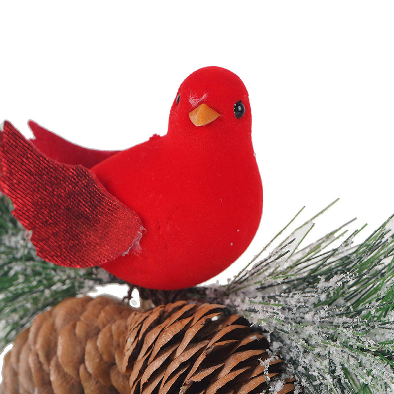 Artificial Red Bird Pick With Pine Cones